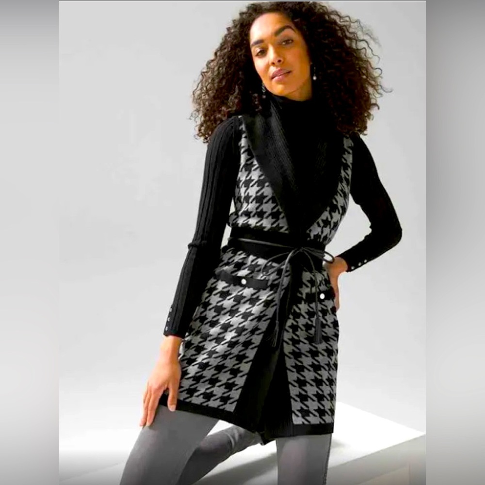 White House Black Market Houndstooth Long Belted Sweater Vest, Size Petite XS
